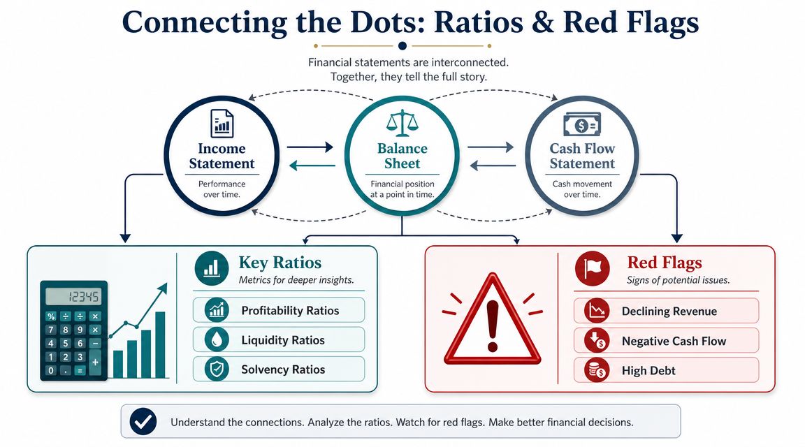 A diagram illustrating the connection between income statements, balance sheets, and cash flow statements for financial analysis.