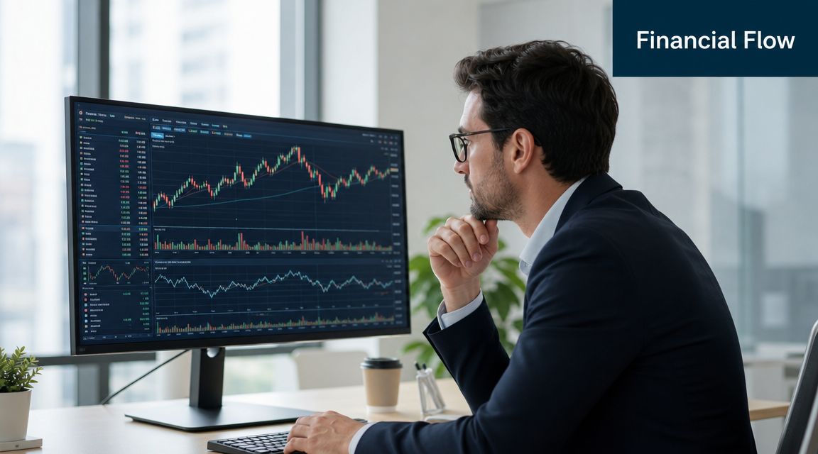 A professional man in a suit analyzes complex stock market data charts on a large computer monitor.