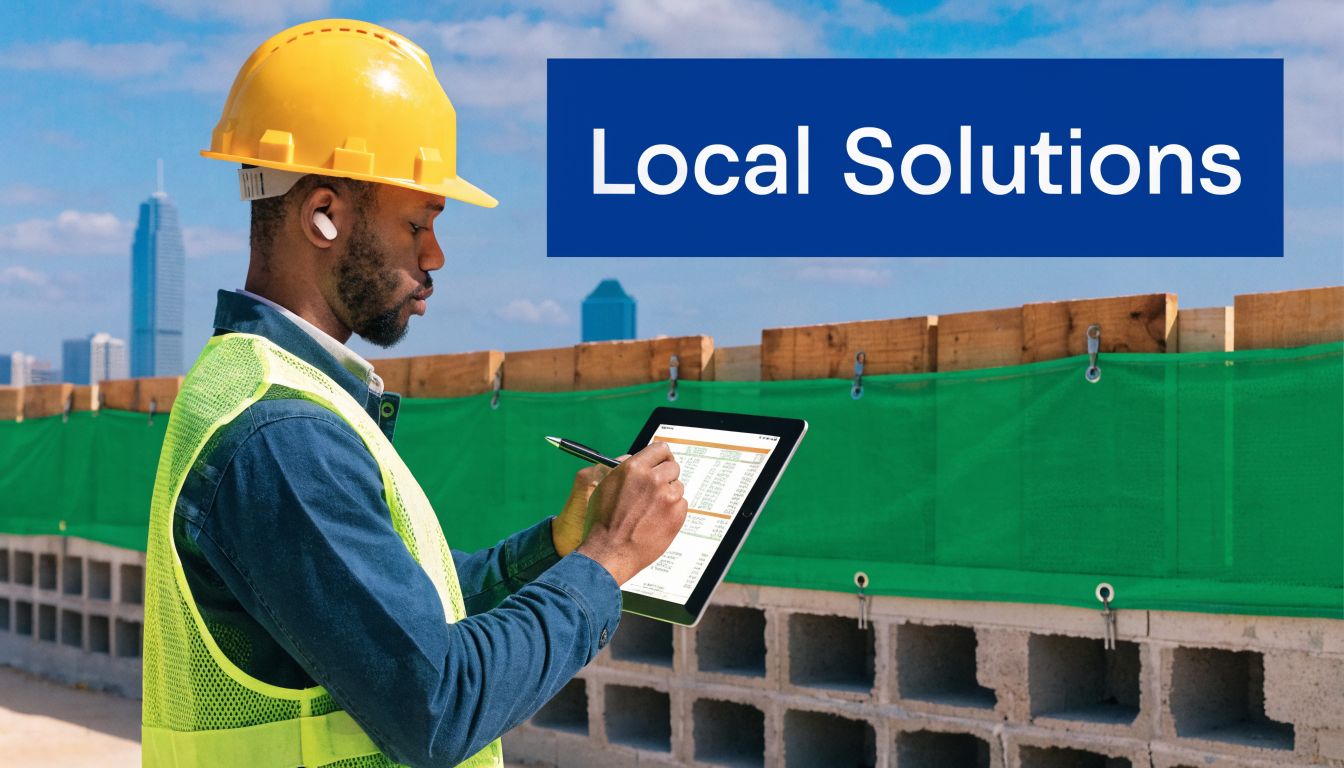 A construction worker in a hard hat and safety vest checks digital blueprints on a tablet outdoors.
