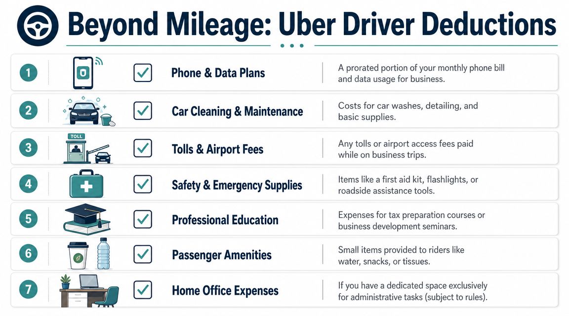 An infographic list showing seven common tax deductions for Uber drivers beyond mileage expenses.