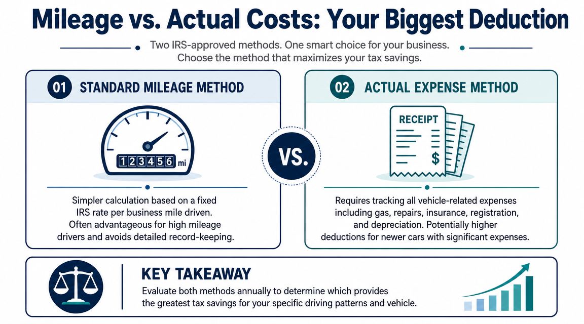 An infographic comparing the Standard Mileage Method and Actual Expense Method for vehicle tax deductions.