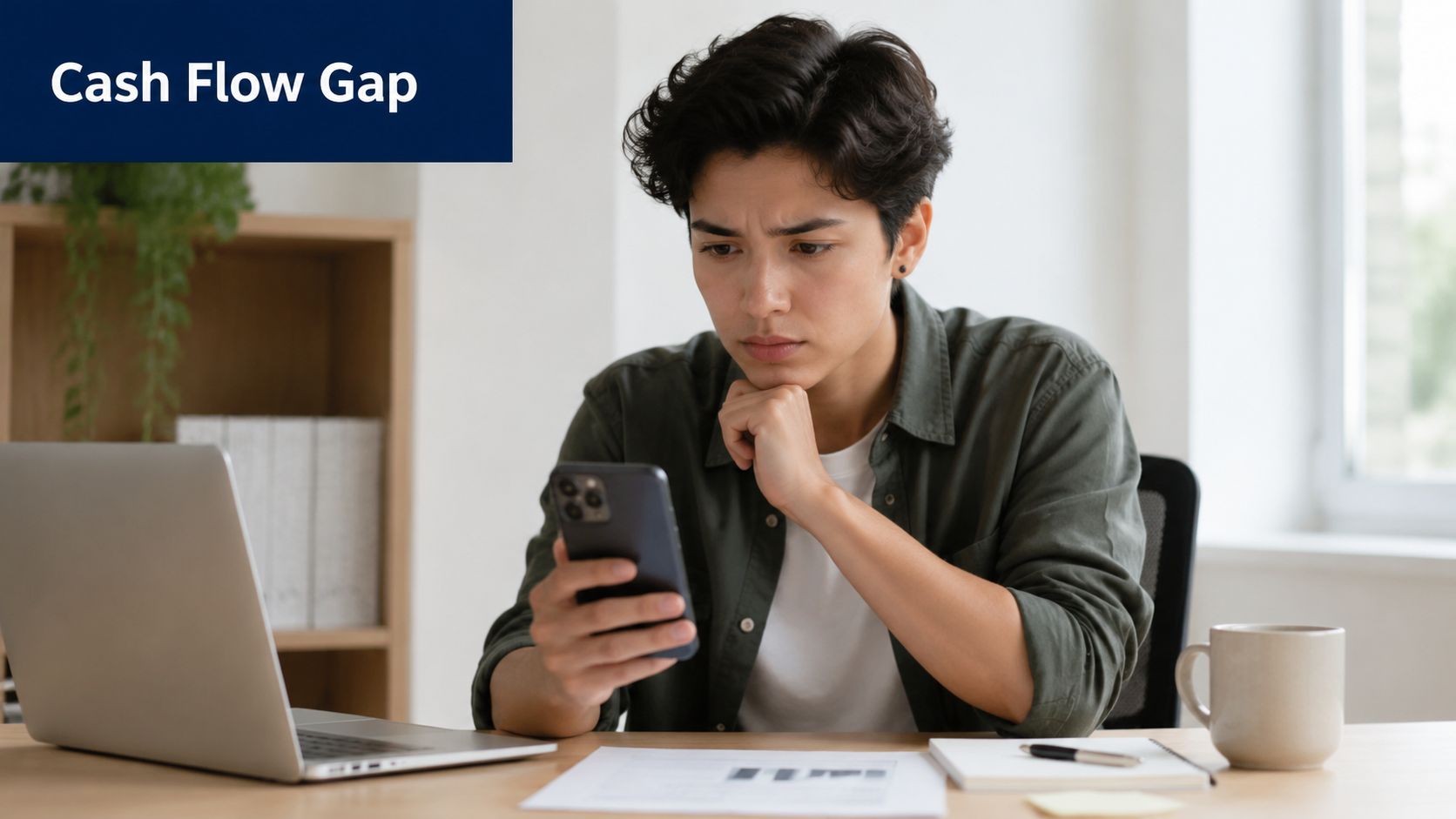 A concerned young person sitting at a desk while checking financial data on a smartphone.