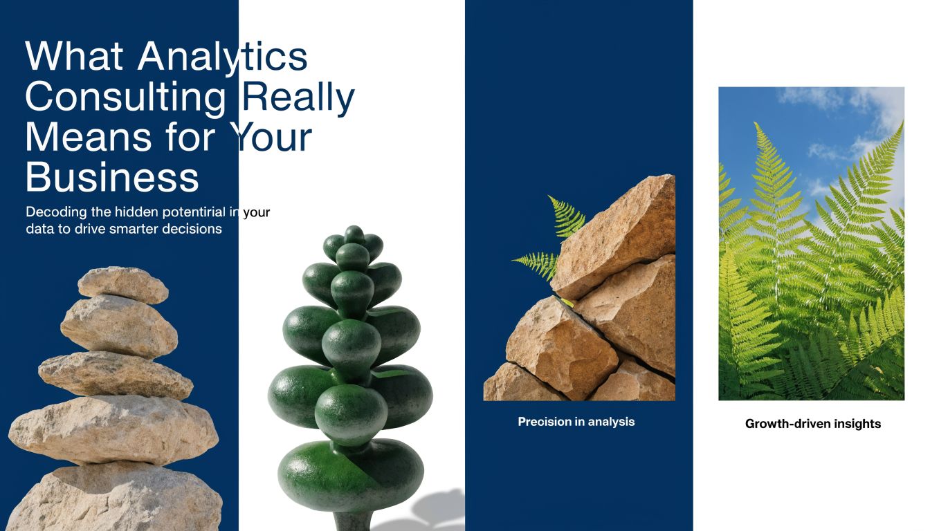 A marketing graphic titled What Analytics Consulting Really Means for Your Business featuring stones and ferns.