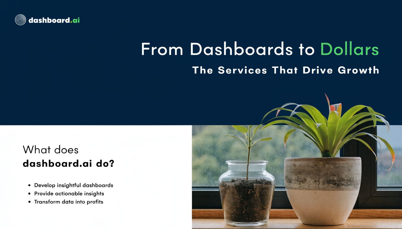 A professional slide presenting dashboard.ai services, featuring bullet points about data analytics and business growth strategies.