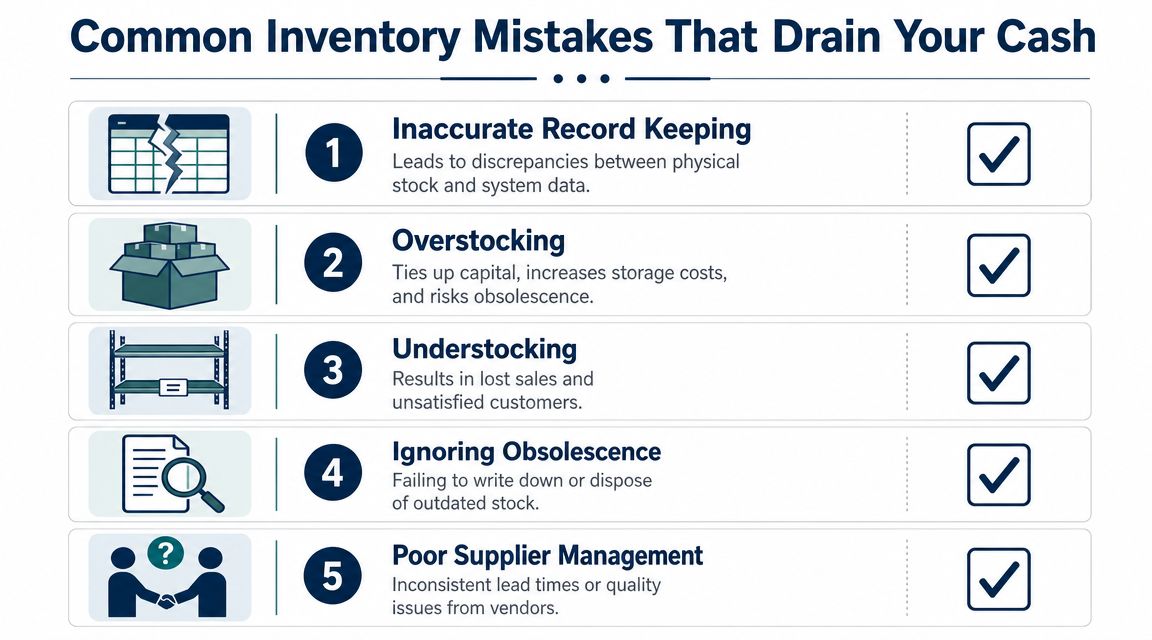 An infographic listing five common inventory mistakes that drain business cash, displayed with simple icons.