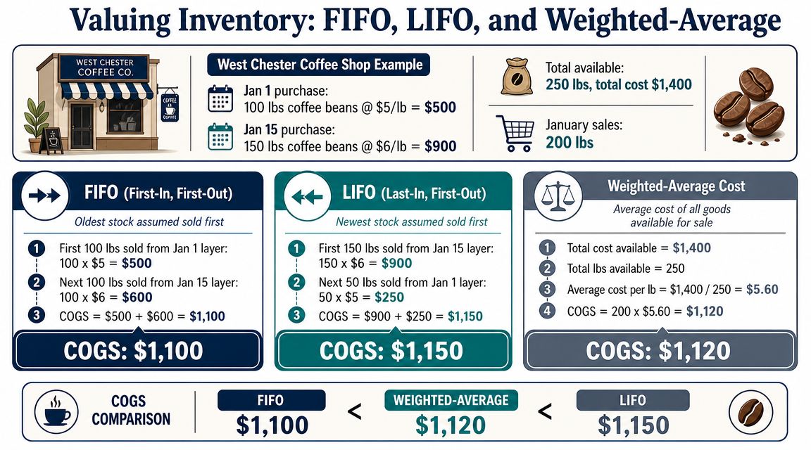 An infographic comparing FIFO, LIFO, and weighted-average inventory accounting methods for a coffee shop example.