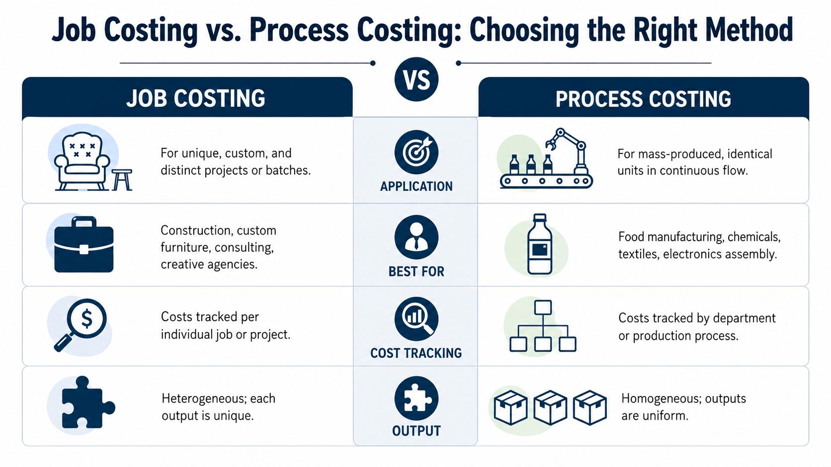A comparison chart showing the differences between job costing and process costing for manufacturing and services.