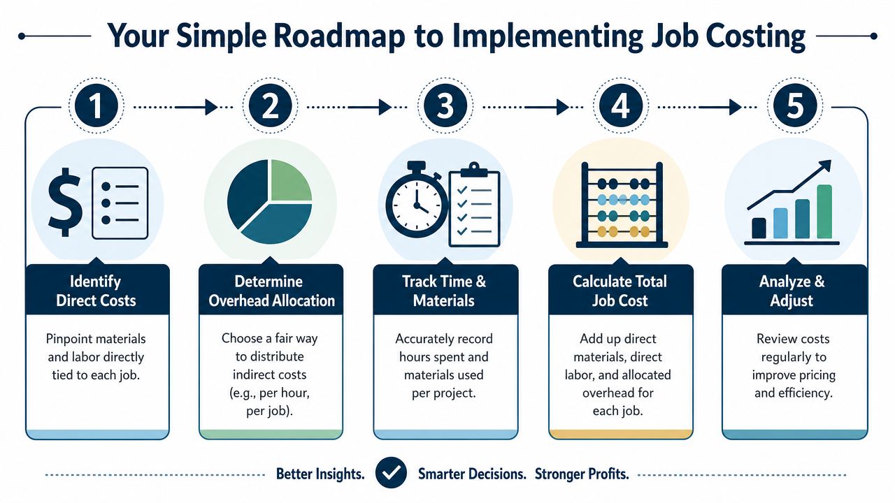 A five-step roadmap infographic explaining the process for implementing job costing in a business.