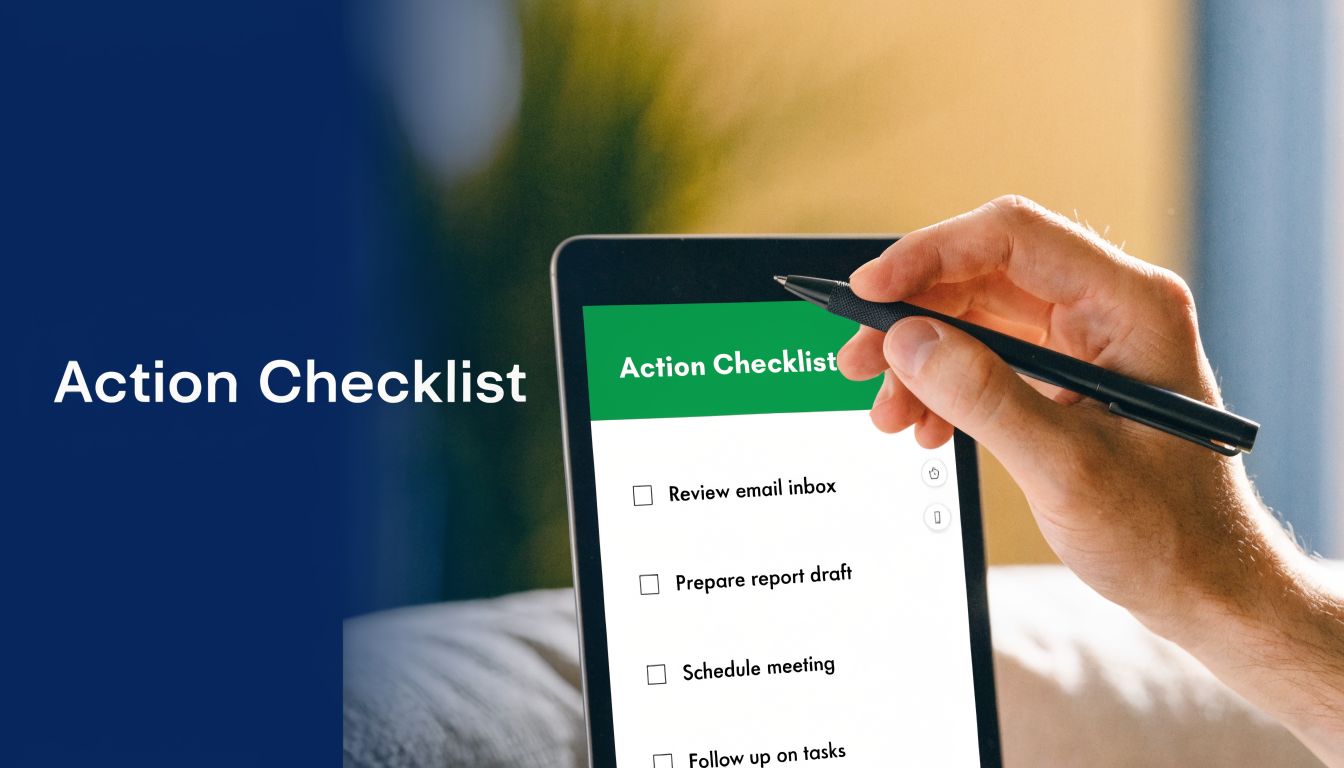 A close-up view of a person using a stylus to check items on a digital action checklist.