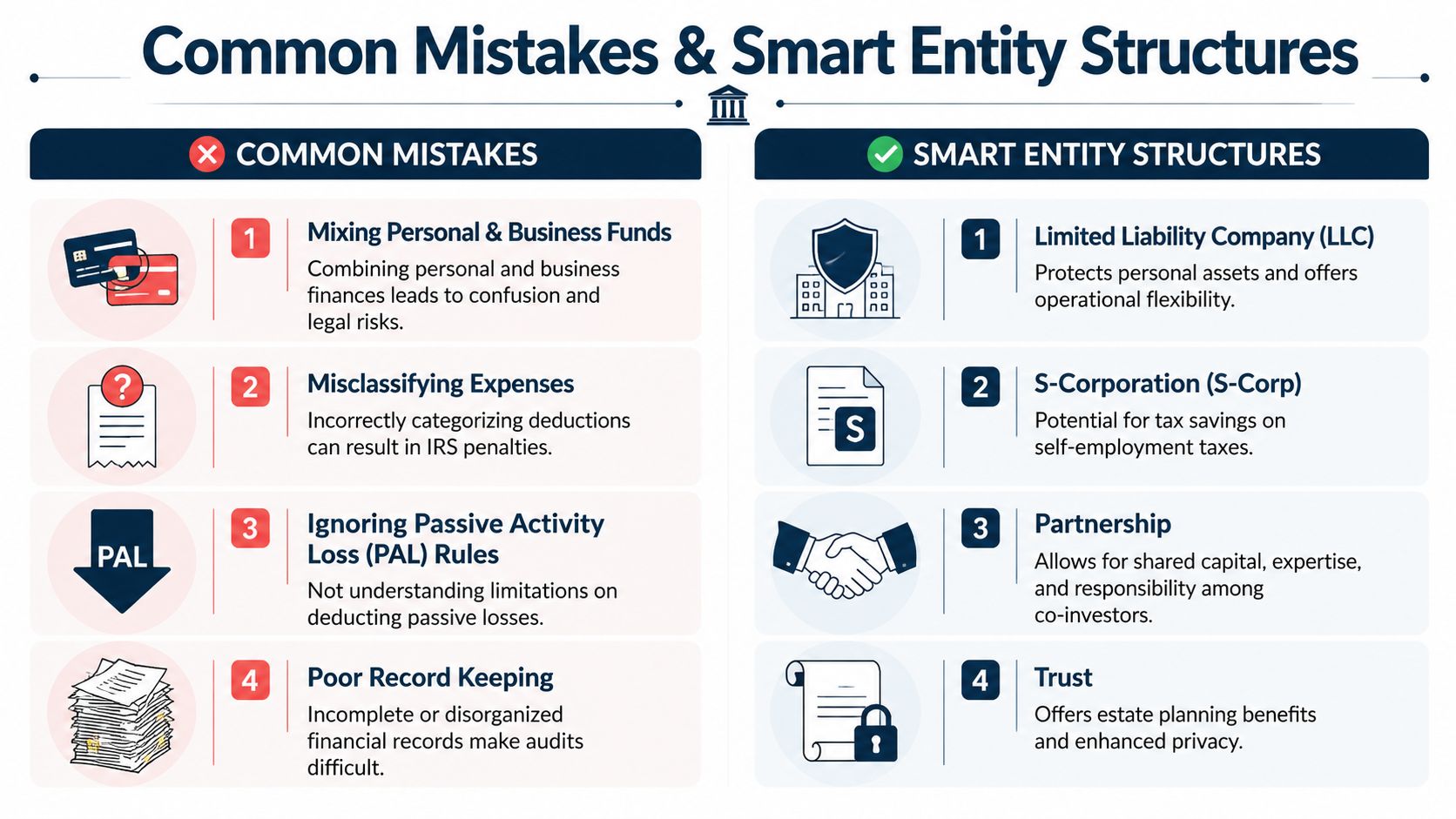 An infographic comparing common financial mistakes versus smart entity structures for real estate investors and businesses.