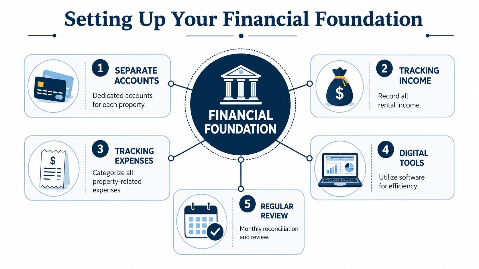 An infographic illustrating five key steps for property investors to establish a solid financial foundation for real estate.