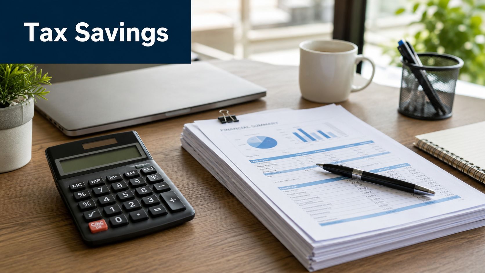 A wooden office desk featuring a calculator, a financial summary report, and a laptop for tax planning.