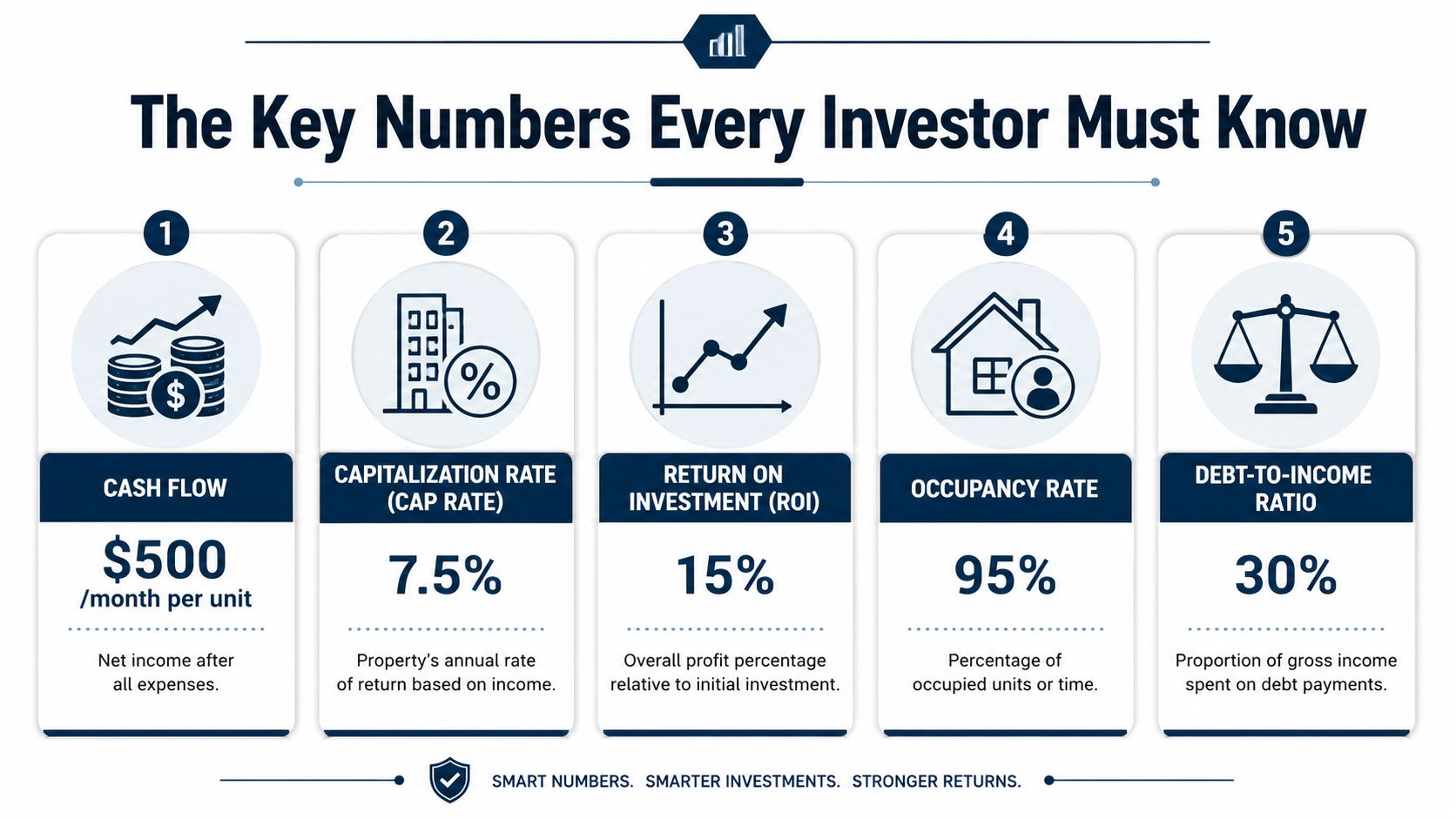 An infographic titled The Key Numbers Every Investor Must Know, detailing five essential real estate investment metrics.