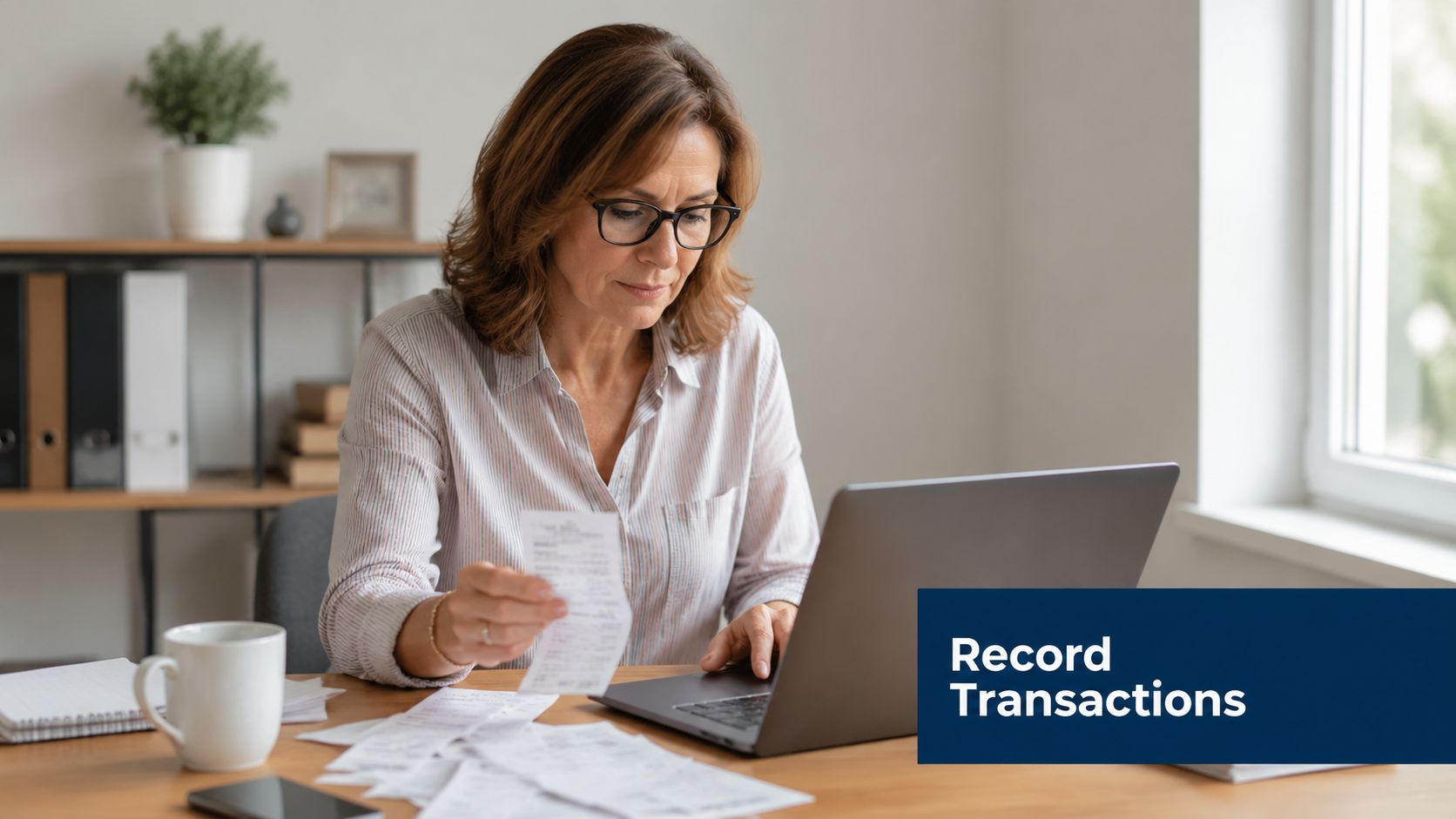 A professional woman wearing glasses organizes and records financial receipts while working on her laptop at home.