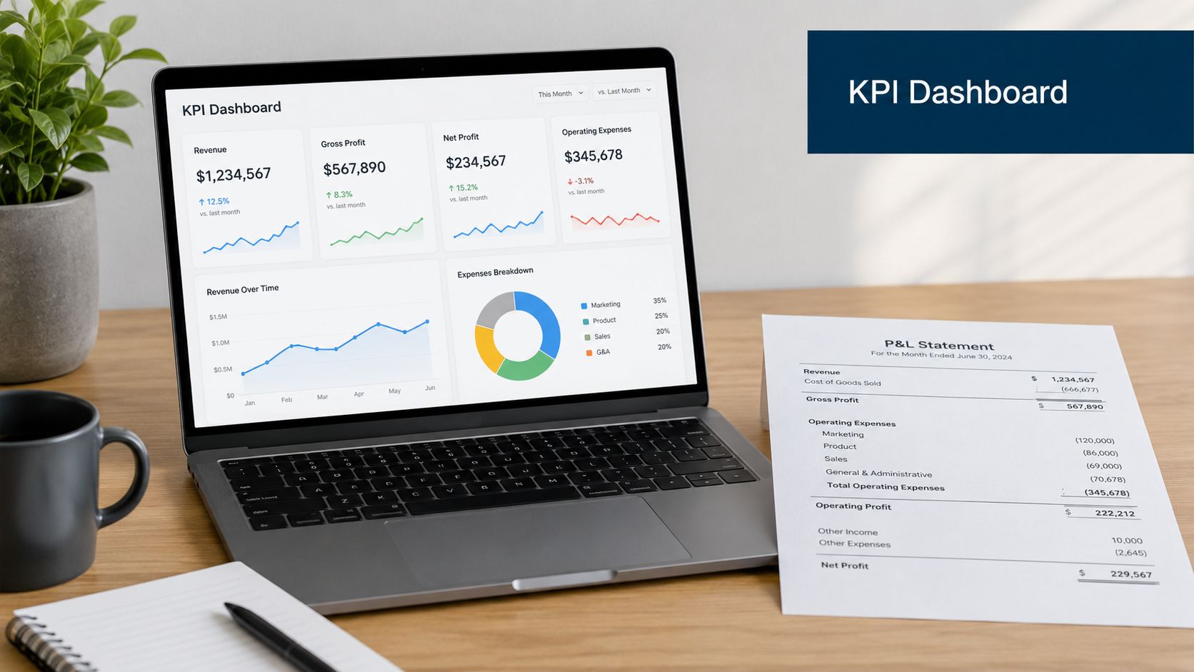 A laptop displaying a financial KPI dashboard next to a printed profit and loss statement on a desk.