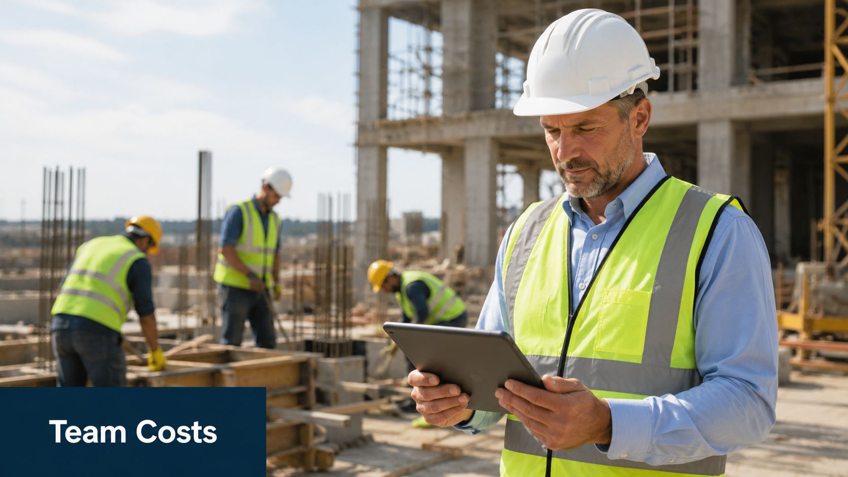 A construction manager using a tablet on a work site with team members working in the background.