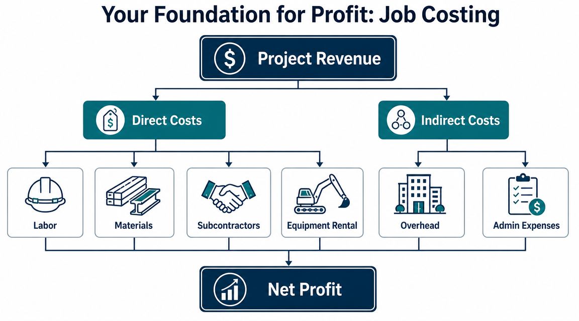 A diagram illustrating job costing for contractors, showing the flow from project revenue through costs to net profit.