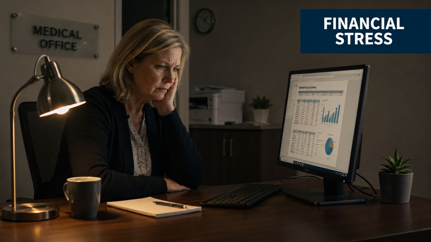 A concerned woman sitting at a desk in a medical office, looking stressed while reviewing financial charts.