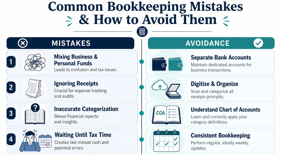 An infographic illustrating four common bookkeeping mistakes and practical avoidance tips for small business financial management.
