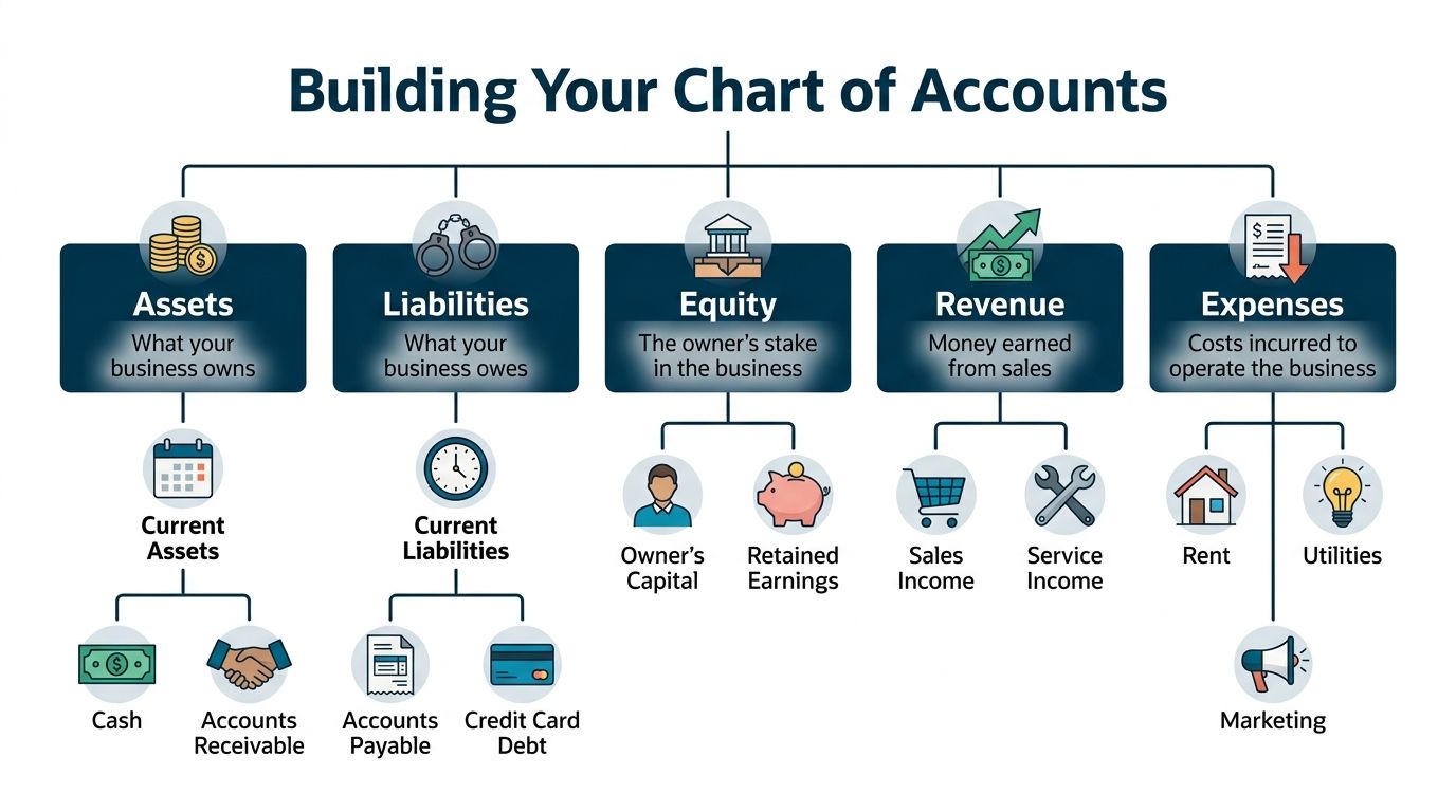 A chart of accounts infographic showing five key business financial categories: assets, liabilities, equity, revenue, and expenses.