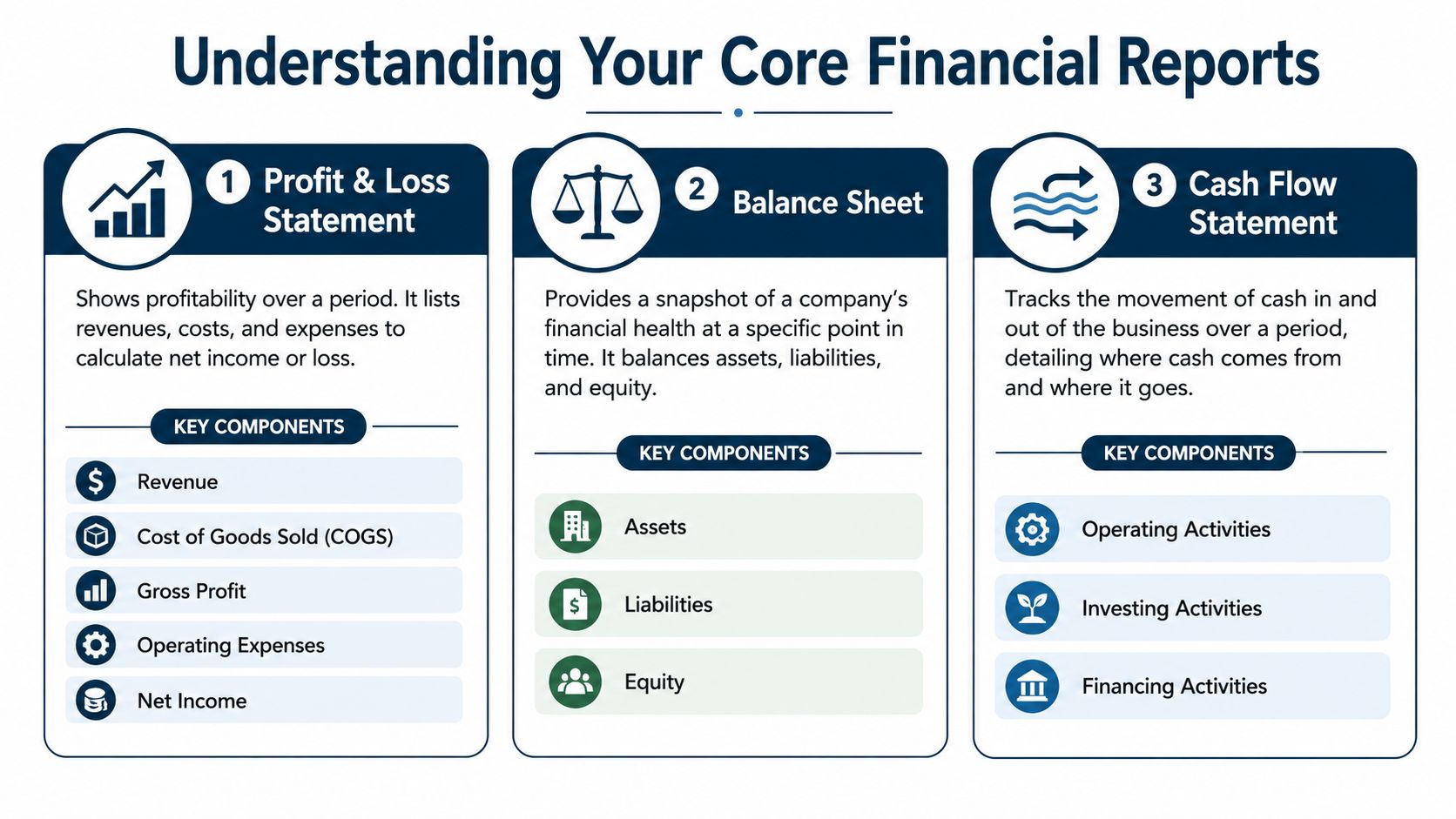 An infographic titled Understanding Your Core Financial Reports detailing the profit and loss statement, balance sheet, and cash flow statement.