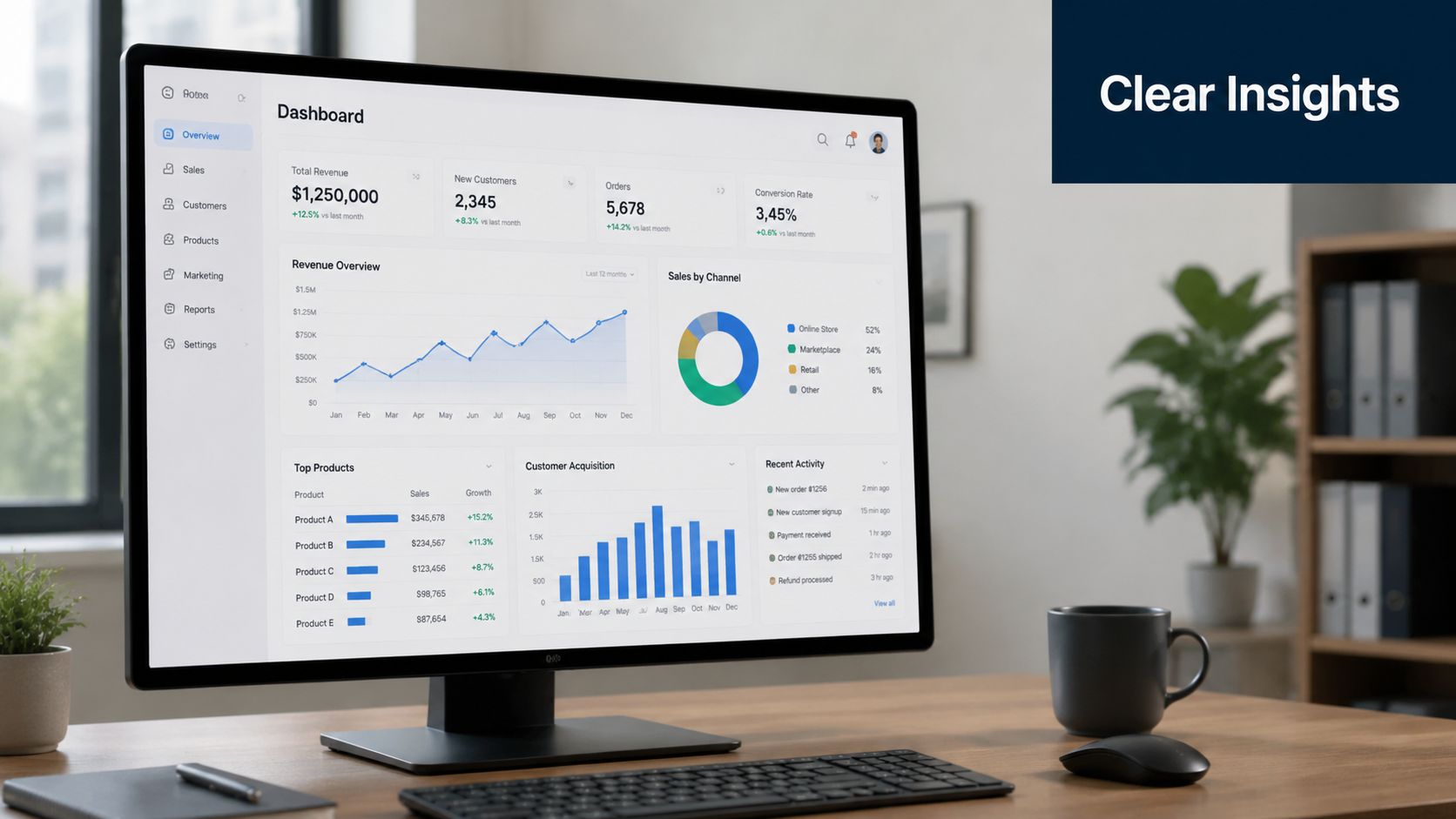 A modern computer monitor displays a comprehensive business dashboard with performance analytics, revenue trends, and sales charts.