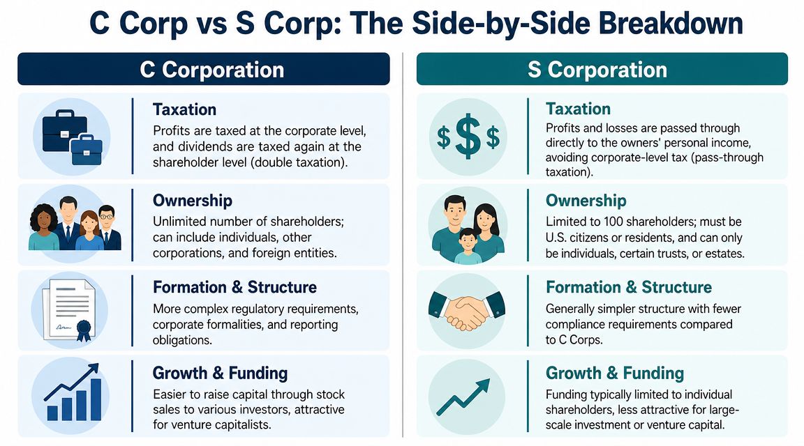 A comparison chart highlighting the key differences between C Corporations and S Corporations for business owners.