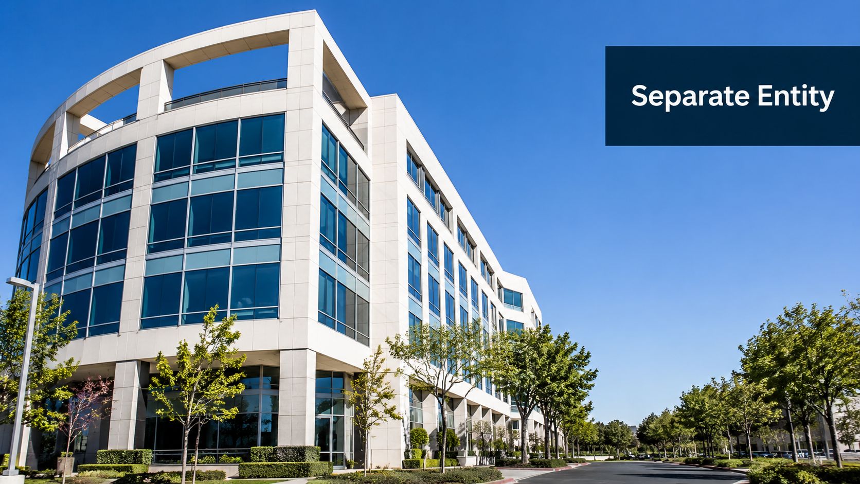 A modern commercial office building under a clear blue sky, representing business operations and corporate entities.