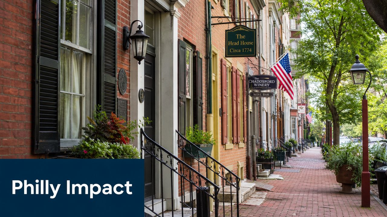 A historic brick street in Philadelphia lined with classic colonial townhouses, signs, and an American flag.