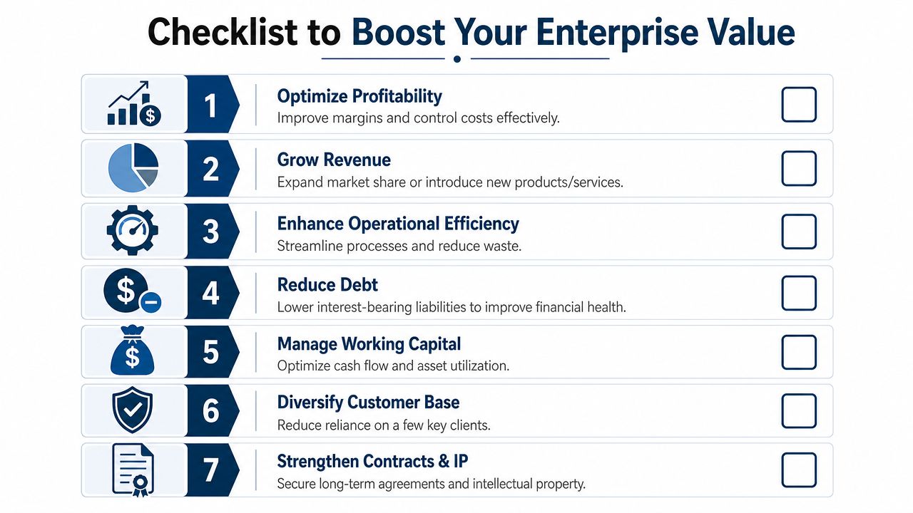 A checklist featuring seven key business strategies for increasing and boosting overall enterprise value.