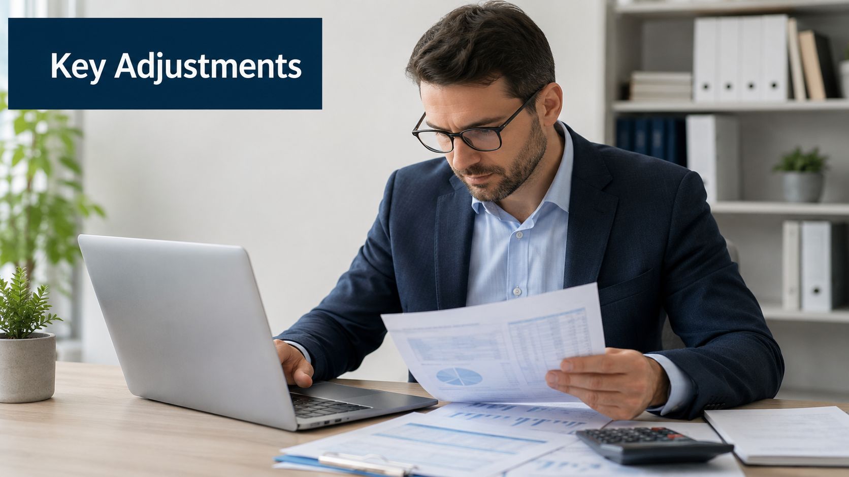 A professional man in a suit working on a laptop while analyzing financial reports at his desk.