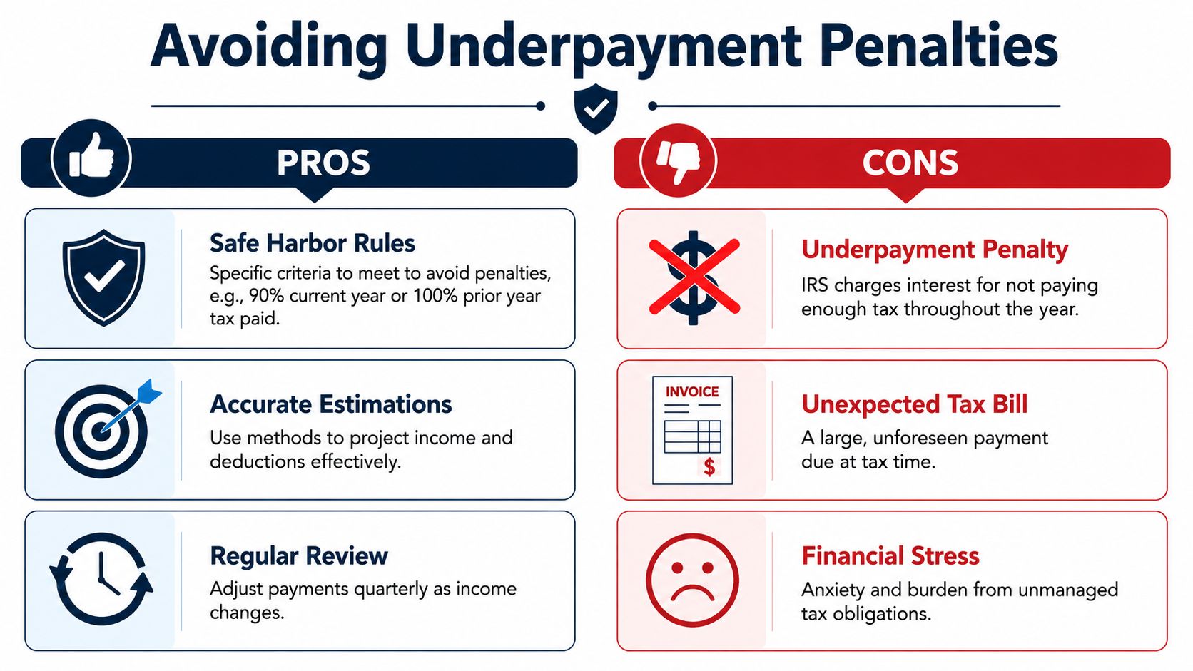 A comparison chart highlighting the pros and cons of managing estimated tax payments to avoid IRS penalties.