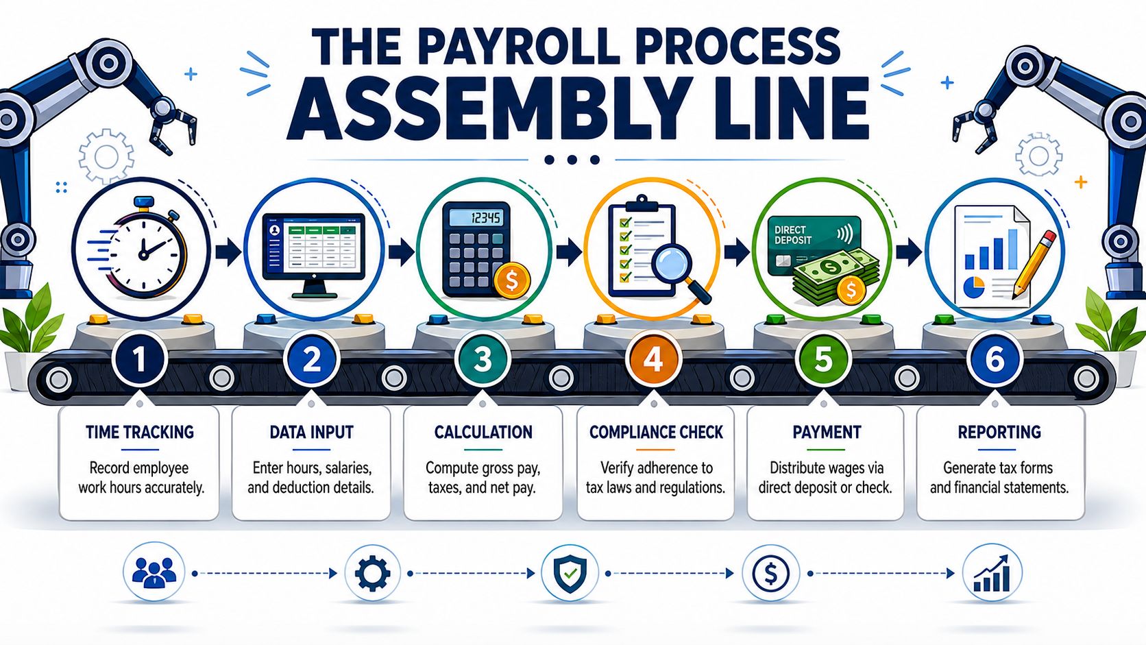An infographic showing a six-step assembly line process for managing company payroll and salary payments.