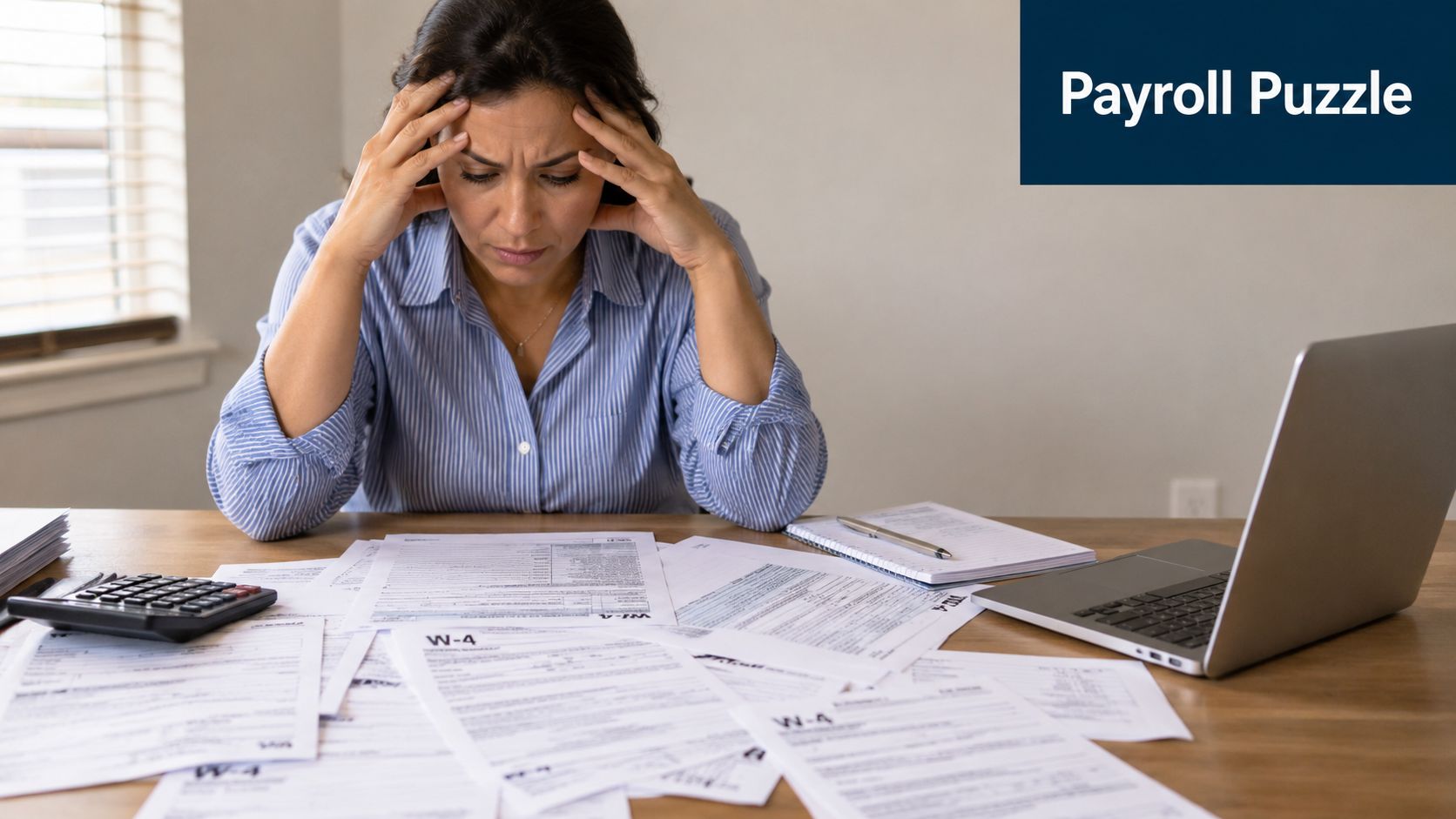 A woman looks stressed while sitting at a desk covered with numerous W-4 payroll tax forms.