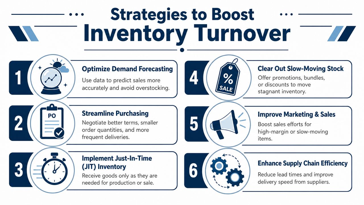 A six-point infographic illustrating strategies to improve business inventory turnover, featuring icons and descriptive text.