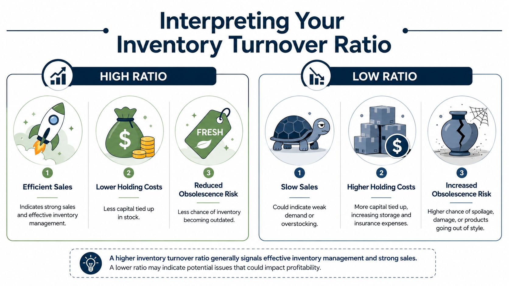 An infographic comparing the benefits of a high inventory turnover ratio against the risks of a low ratio.