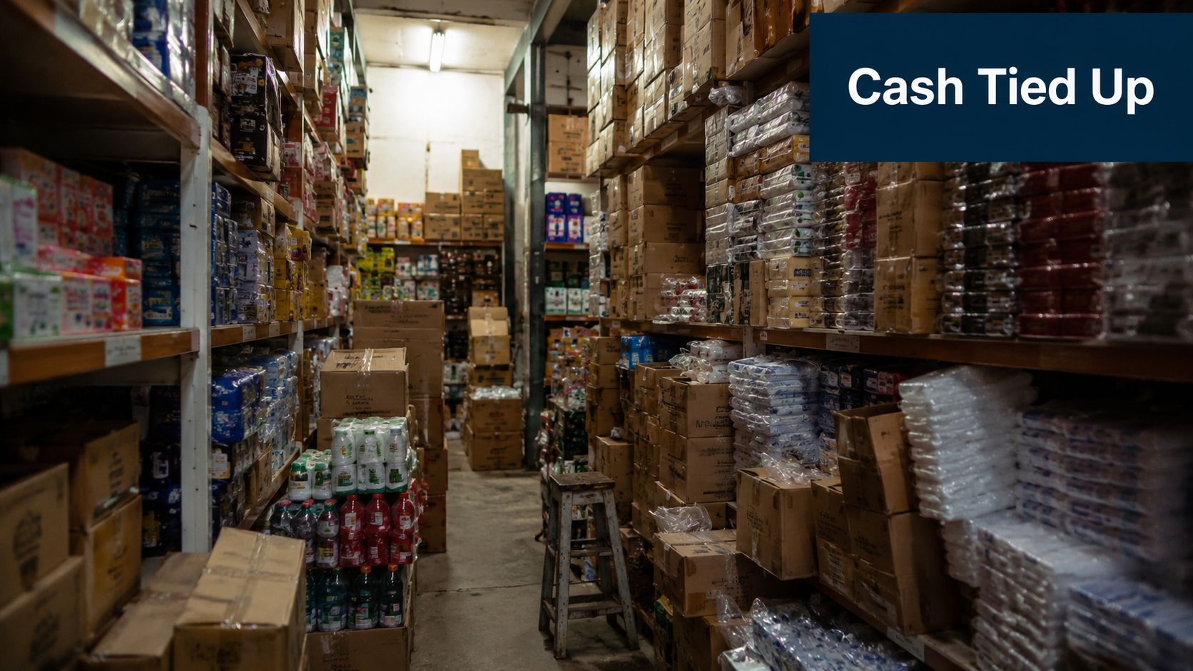 A dim, crowded storage warehouse aisle filled with stacked cardboard boxes and consumer goods on shelves.
