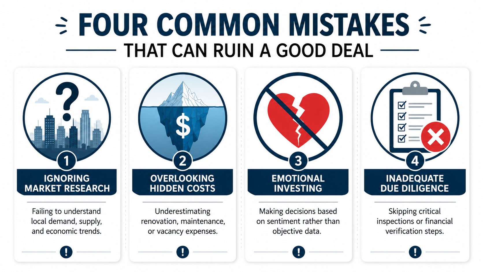 An infographic titled Four Common Mistakes That Can Ruin a Good Deal in real estate investment.