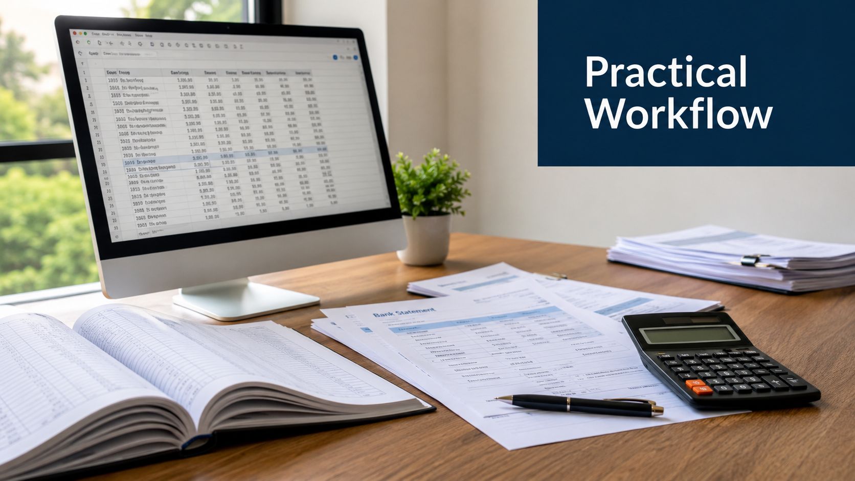 A professional office desk featuring a computer screen with financial data, a bank statement, and a calculator.
