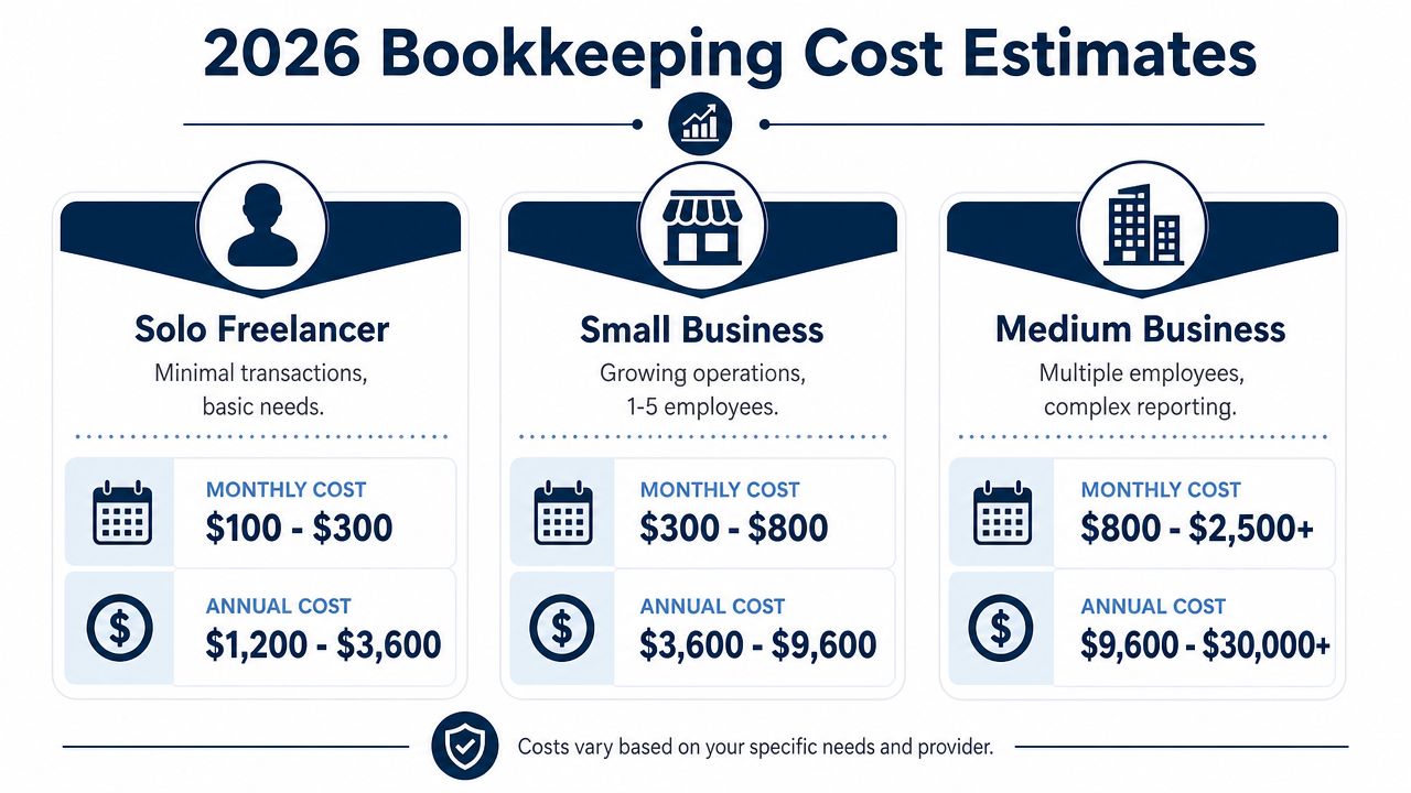 A chart showing estimated 2026 bookkeeping costs for solo freelancers, small businesses, and medium businesses.