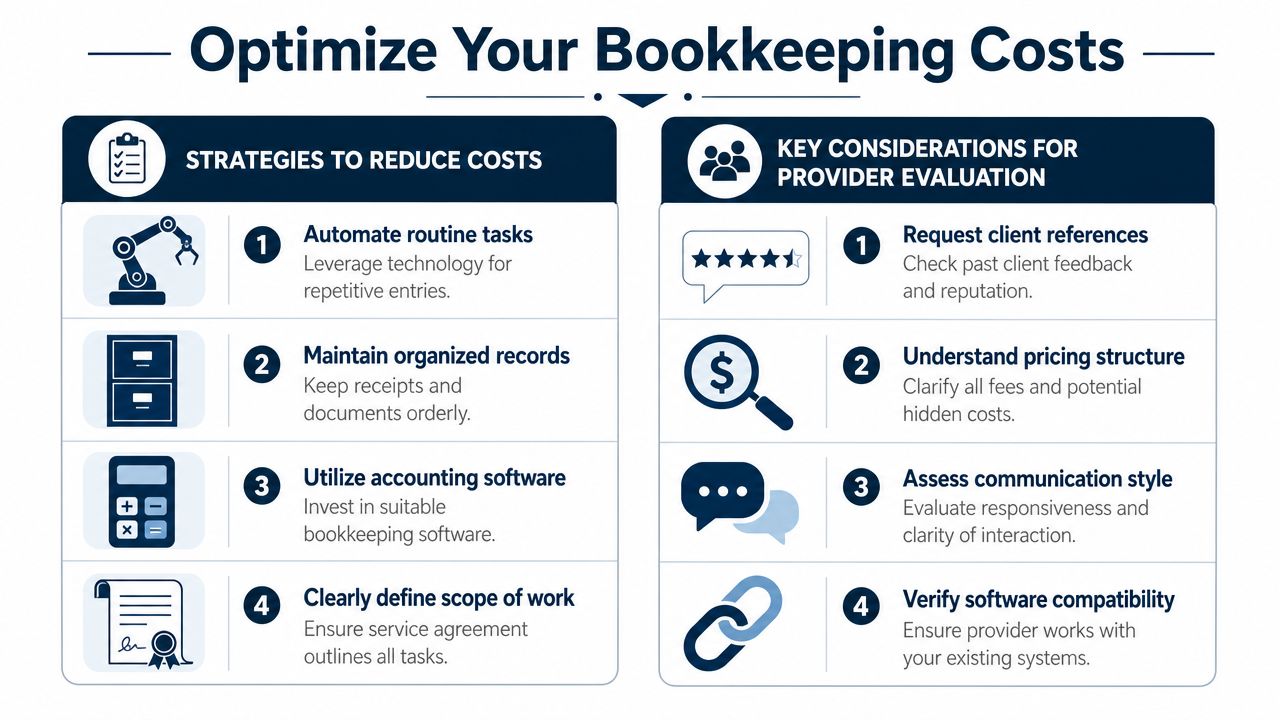 An infographic titled Optimize Your Bookkeeping Costs, outlining strategies to reduce expenses and considerations for evaluating providers.