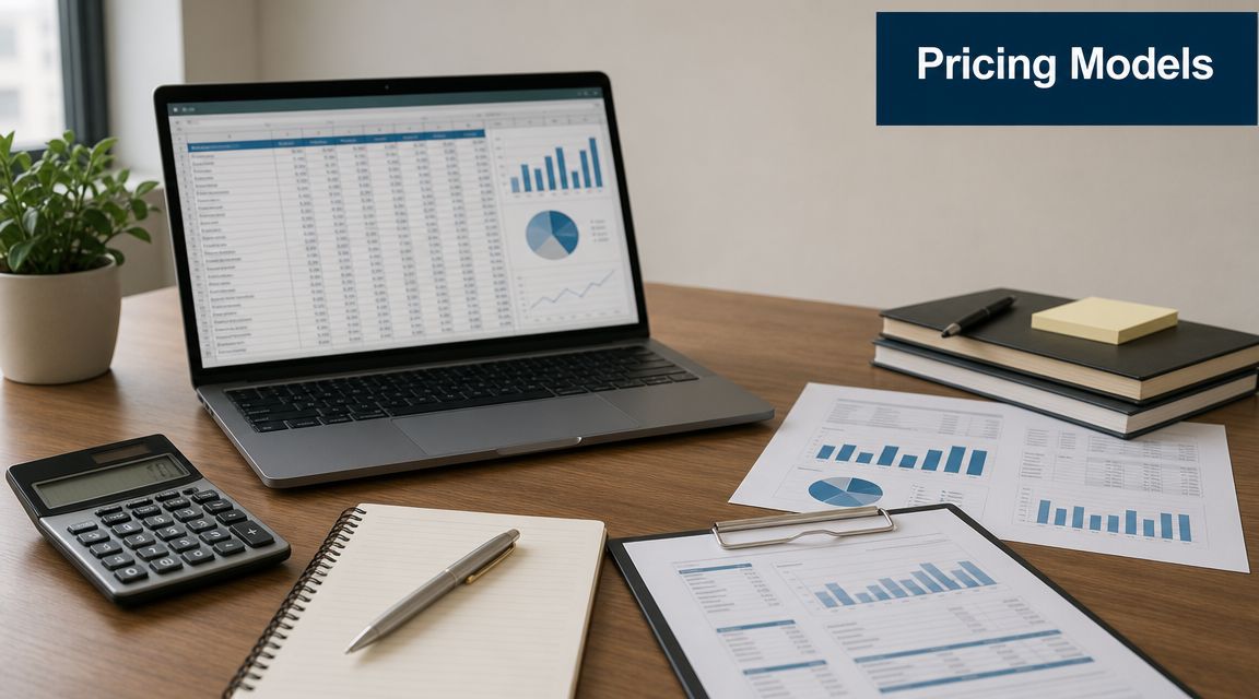 A clean office desk featuring a laptop displaying financial data, a calculator, notebooks, and business reports.