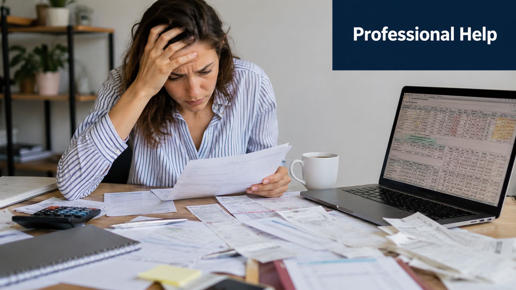 Stressed woman sitting at a desk overflowing with financial documents and bills while using a laptop.