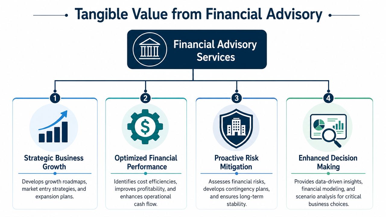 A diagram outlining the tangible value of financial advisory services, including growth, performance, risk, and decision-making.