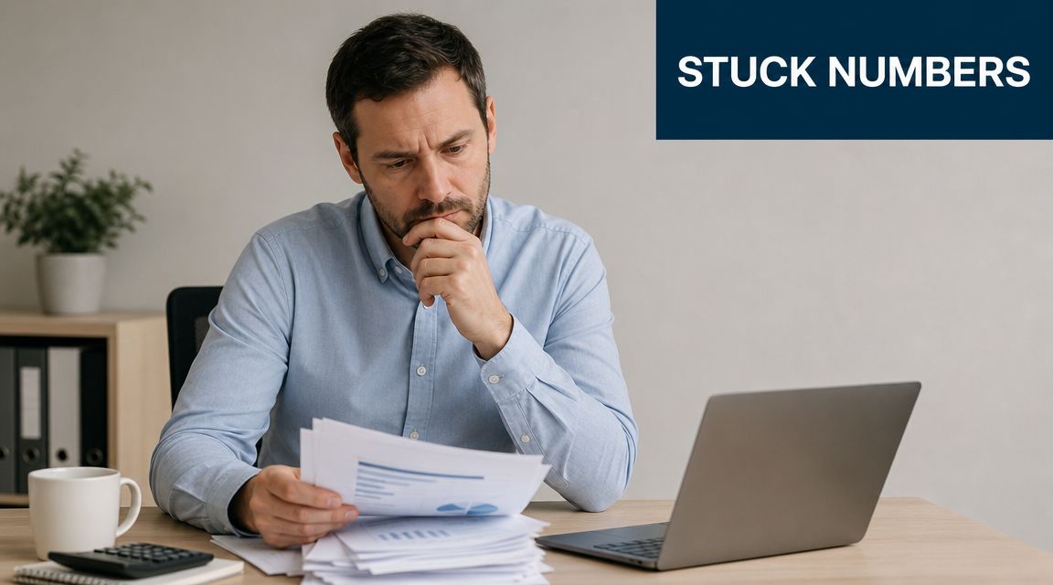 A focused man in a blue shirt reviewing financial documents while sitting at his office desk.