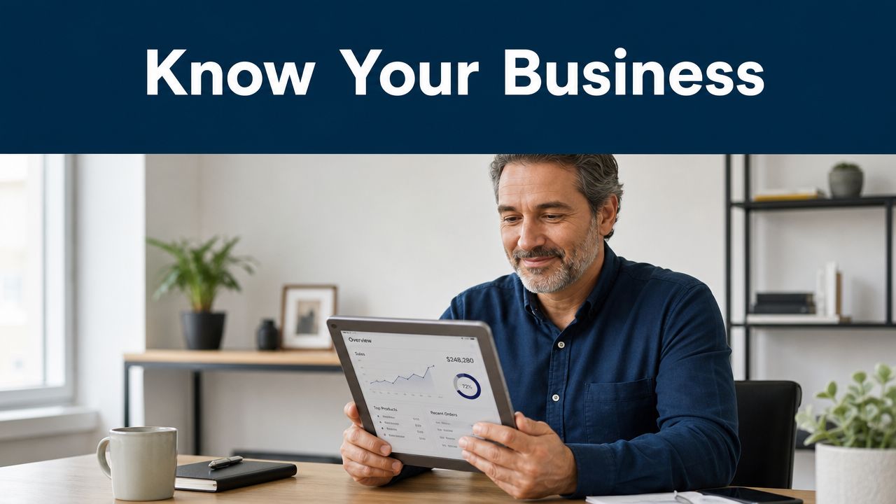 A professional man reviewing business performance metrics and sales data on a digital tablet at his desk.