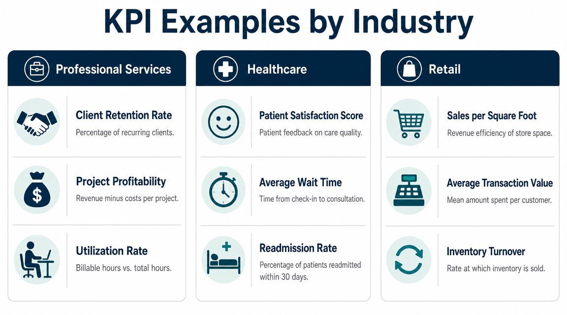 A chart illustrating key performance indicator examples for professional services, healthcare, and retail industry sectors.