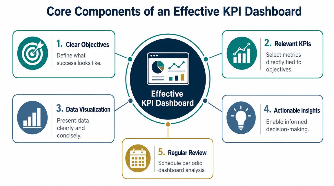 An infographic showing the five core components of an effective KPI dashboard for business success.