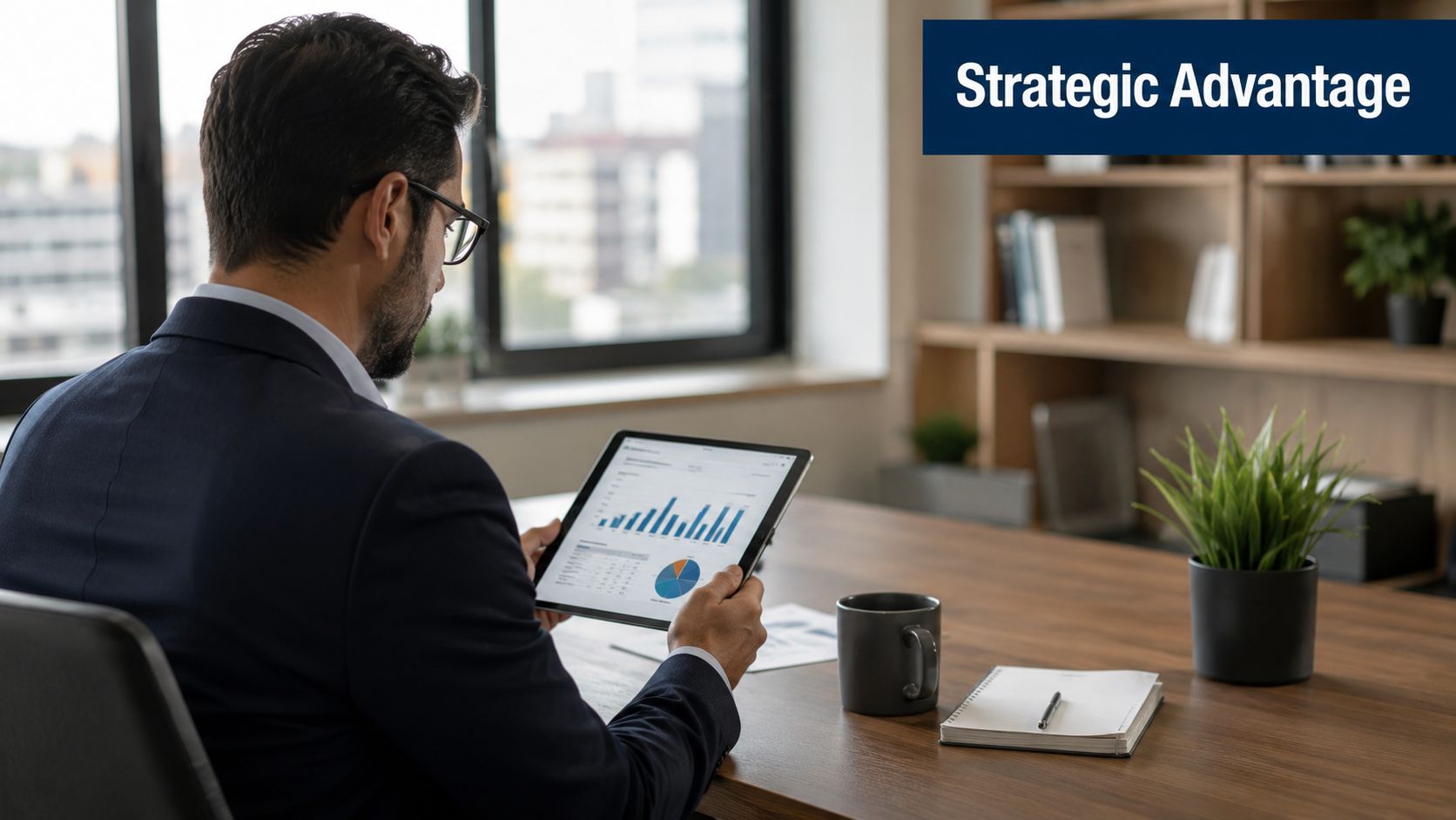 A professional man in a business suit reviewing financial data on a tablet in an office.