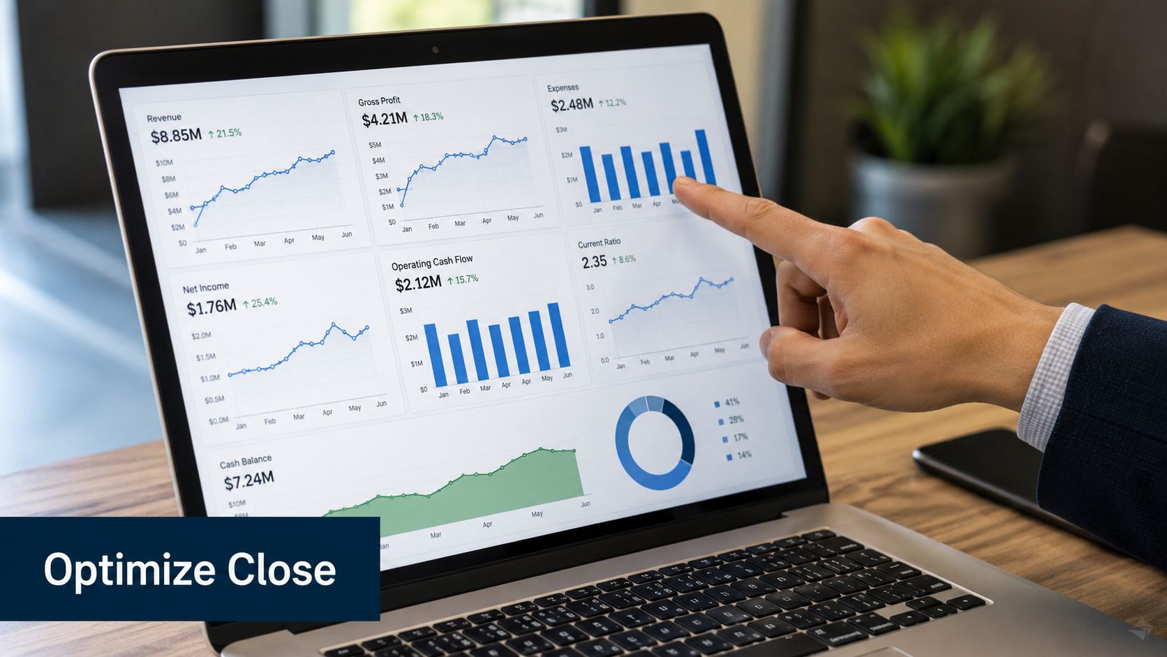 A professional analyzing financial data dashboards on a laptop screen to optimize the month end close process.